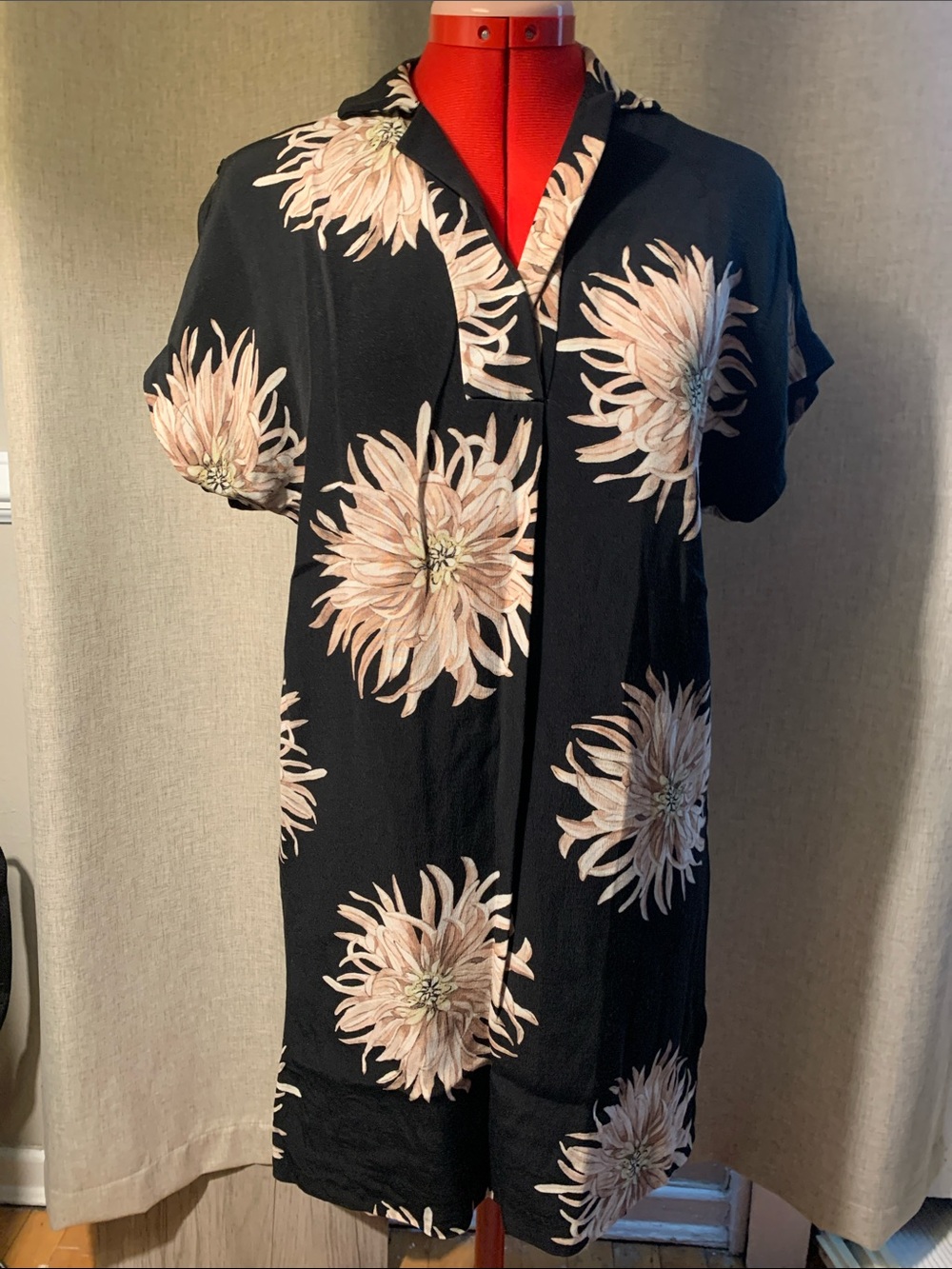Ann Taylor Petite Black Floral Button-Front Shirt Dress with Pale Pink Blooms